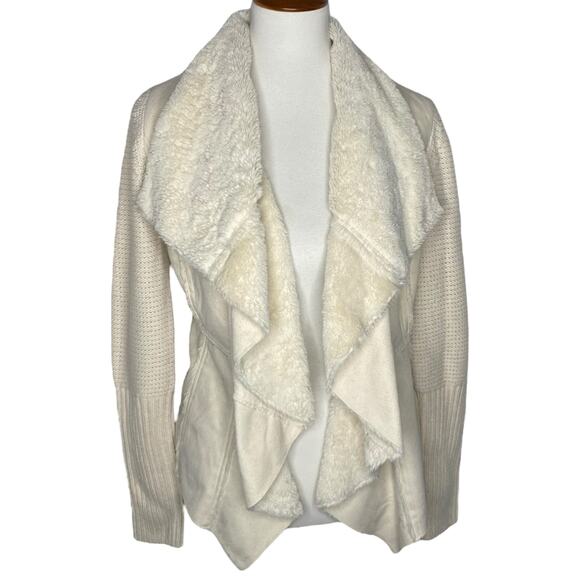 Knox Rose Vegan Suede Sherpa Open Cardigan Cream Sweater Small Boho Cowgirl - Picture 9 of 16